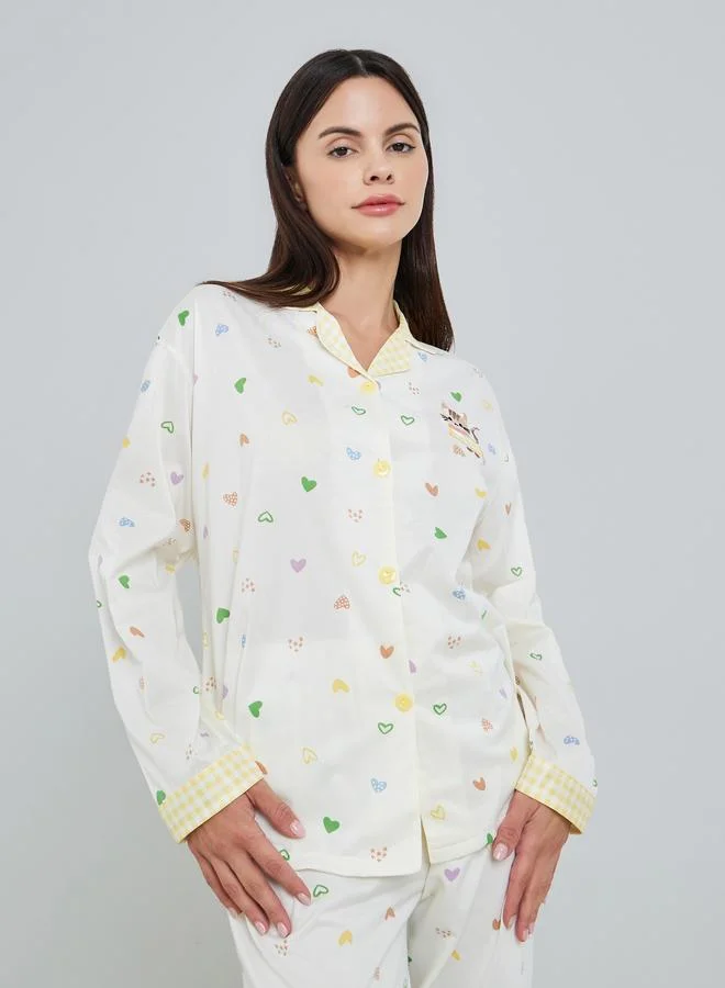 Styli Women Heart Print Long Sleeve Shirt and Pyjama Set